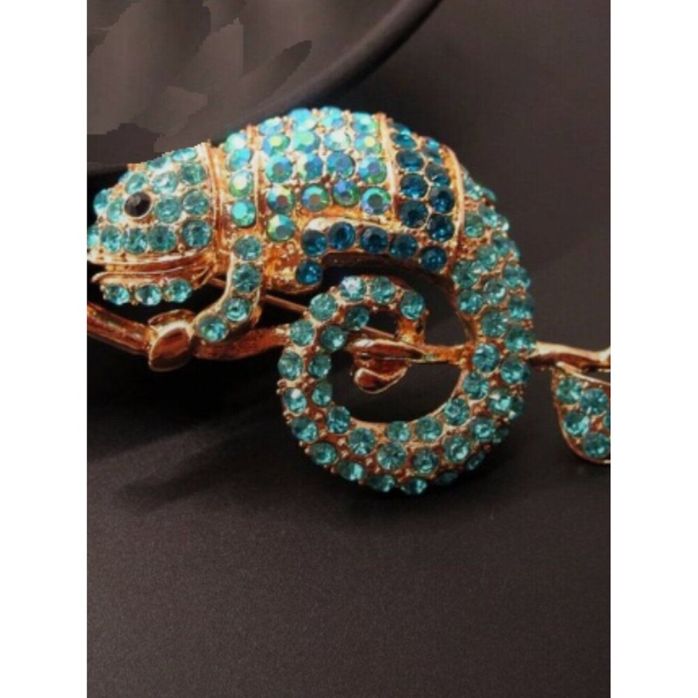 Cute & Colorful Blue Bling Branch and Gecko Iguana Crystal Fashion Brooch